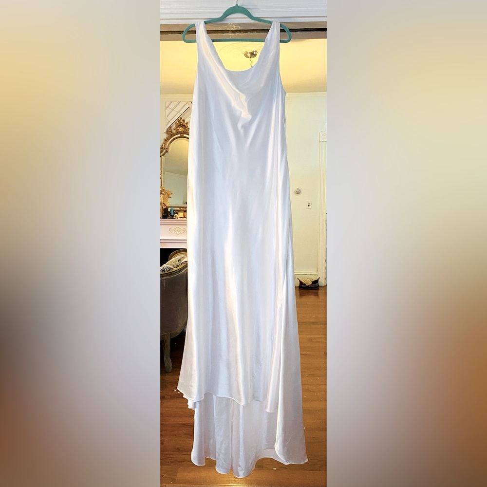 Satin blend cowl neck plus size wedding dress